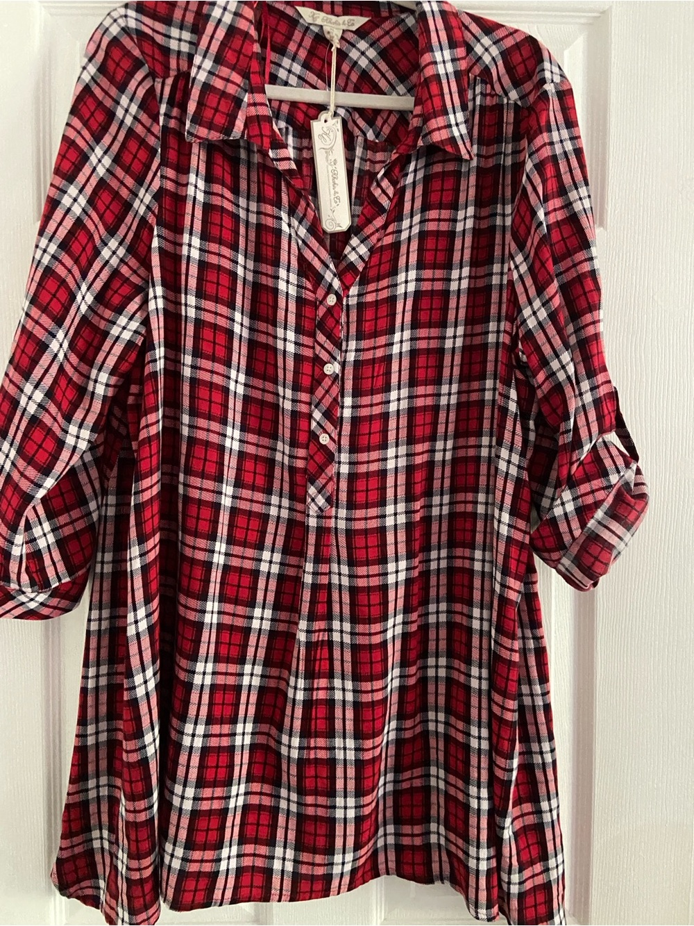 Red Plaid Button-Front Tunic with Roll-Tab Sleeves